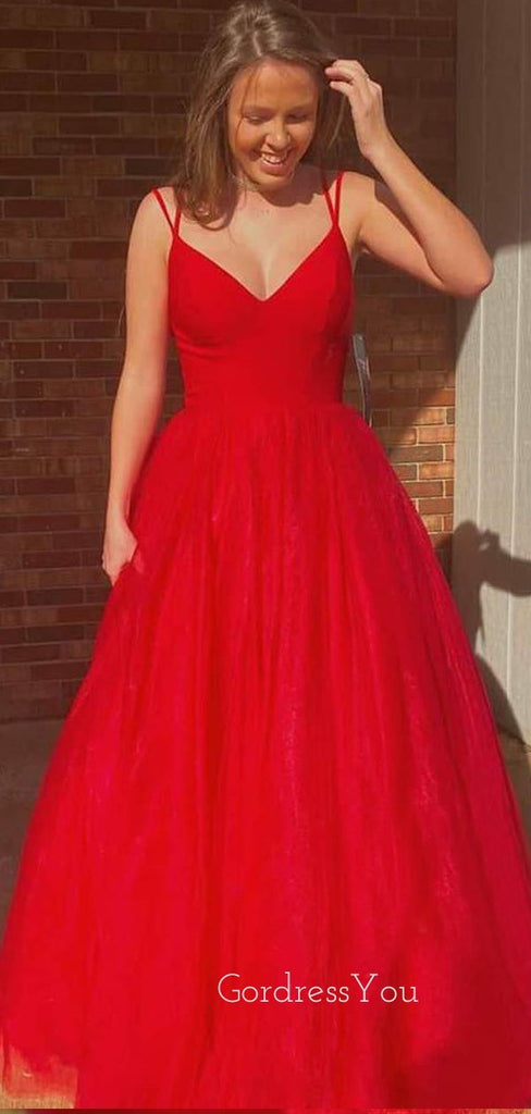 V neck Red Tulle Spaghetti Straps A-Line Long Evening Prom Dresses, MR7345