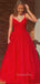 V neck Red Tulle Spaghetti Straps A-Line Long Evening Prom Dresses, MR7345