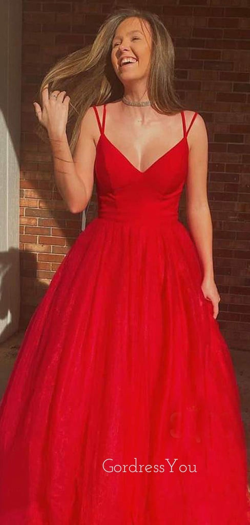 V neck Red Tulle Spaghetti Straps A-Line Long Evening Prom Dresses, MR7345