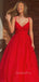 V neck Red Tulle Spaghetti Straps A-Line Long Evening Prom Dresses, MR7345