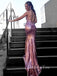 Rose Gold Sequin Mermaid Spaghetti Straps Criss-Cross Straps Long Evening Prom Dresses, Cheap Custom Prom Dresses, MR7349