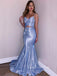 Blue Sparkly Mermaid Spaghetti Straps V Neck Long Evening Prom Dresses, Cheap Custom Prom Dresses,MR7350