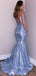 Blue Sparkly Mermaid Spaghetti Straps V Neck Long Evening Prom Dresses, Cheap Custom Prom Dresses,MR7350