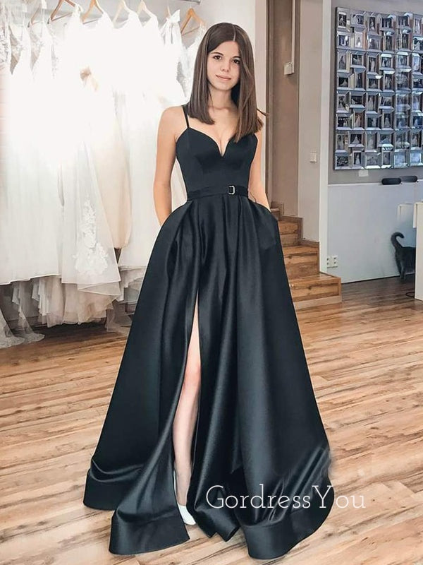 Black Satin V Neck Backless A-Line Side Slit Long Evening Prom Dresses, Cheap Custom prom dresses, MR7352