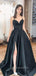 Black Satin V Neck Backless A-Line Side Slit Long Evening Prom Dresses, Cheap Custom prom dresses, MR7352