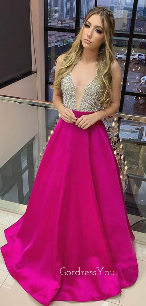 Fuchsia Satin Beaded A-Line Long Evening Prom Dresses, Cheap Custom Backless Prom Dresses, MR7353