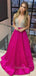 Fuchsia Satin Beaded A-Line Long Evening Prom Dresses, Cheap Custom Backless Prom Dresses, MR7353