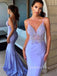 Deep V Neck Blue Mermaid Beaded Backless Long V Back Evening Prom Dresses, Cheap Custom Backless Prom Dresses, MR7354