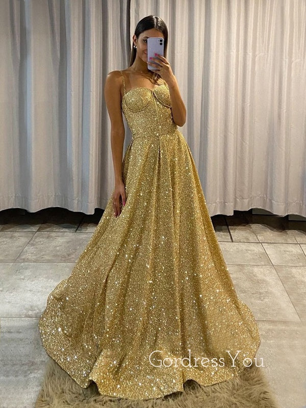 Golden Sequin A-Line Long Evening Prom Dresses, Cheap Custom Prom Dress, MR7359