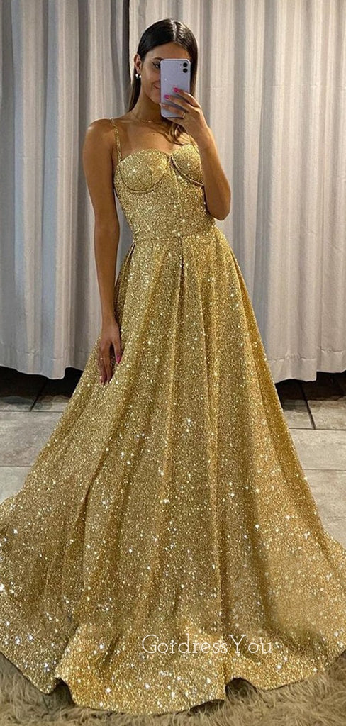 Golden Sequin A-Line Long Evening Prom Dresses, Cheap Custom Prom Dress, MR7359