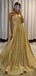 Golden Sequin A-Line Long Evening Prom Dresses, Cheap Custom Prom Dress, MR7359