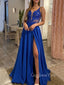 See Throuth Blue Chiffon Deep V Neck Cheap Long Evening Prom Dresses, MR7360