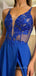 See Throuth Blue Chiffon Deep V Neck Cheap Long Evening Prom Dresses, MR7360