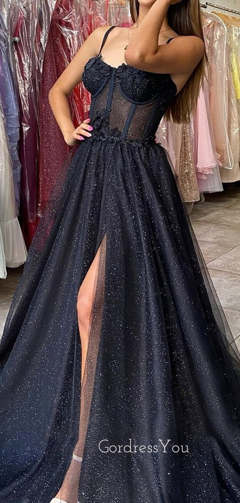 See Throuth Black Tulle A-Line Side slit Long Evening Prom Dresses, Cheap Custom Prom Dresses, MR7361