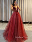 Burgundy Tulle A-Line Long Evening Prom Dresses With Detachable Skirt, Homecoming dresses, MR7362