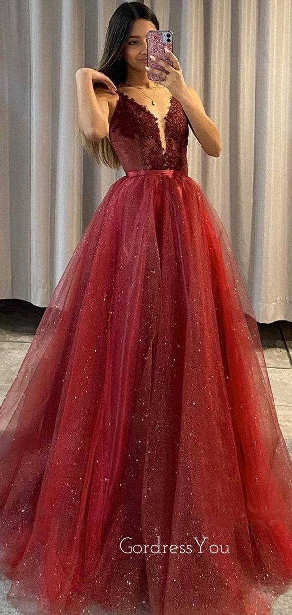 Burgundy Tulle A-Line Long Evening Prom Dresses With Detachable