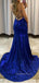 Dark Blue Sequin Mermaid V Neck Backless Long Evening Prom Dresses, Cheap Custom Prom Dresses, MR7365