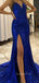 Dark Blue Sequin Mermaid V Neck Backless Long Evening Prom Dresses, Cheap Custom Prom Dresses, MR7365