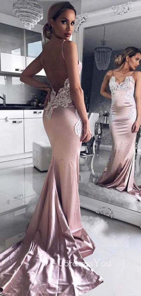 Pink Spaghetti Straps V Neck Mermaid Lace Long Evening Prom Dresses, Cheap Custom Prom Dresses, MR7370