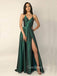 Green Satin V Neck Spaghetti Straps Side Slit Long Evening Prom Dresses, Cheap Custom prom dresses, MR7374