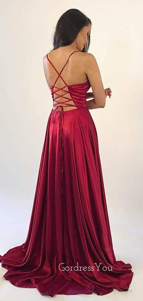 Green Satin V Neck Spaghetti Straps Side Slit Long Evening Prom Dresses, Cheap Custom prom dresses, MR7374