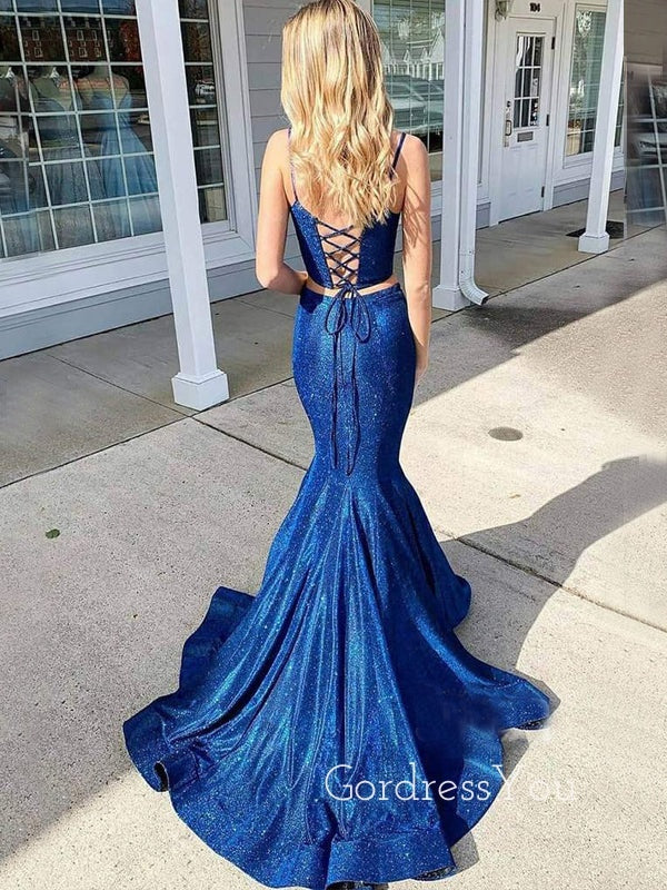 Two Pieces Dark Blue Sparkly Mermaid Long Evening Prom Dresses, Cheap Custom Prom Dress, MR7379