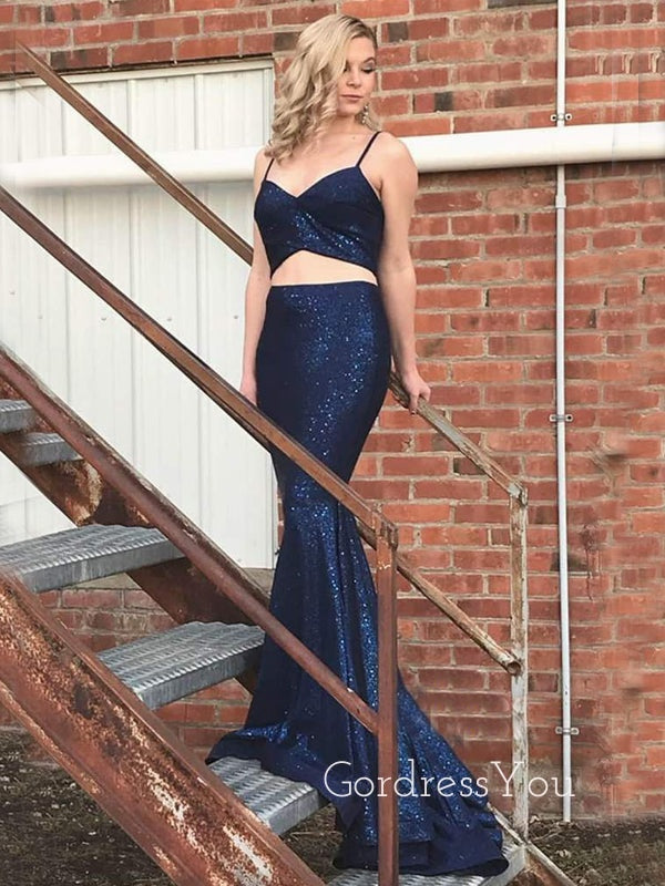 Two Pieces Dark Blue Sparkly Mermaid Long Evening Prom Dresses, Cheap Custom Prom Dress, MR7379