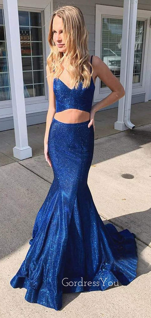 Two Pieces Dark Blue Sparkly Mermaid Long Evening Prom Dresses, Cheap Custom Prom Dress, MR7379