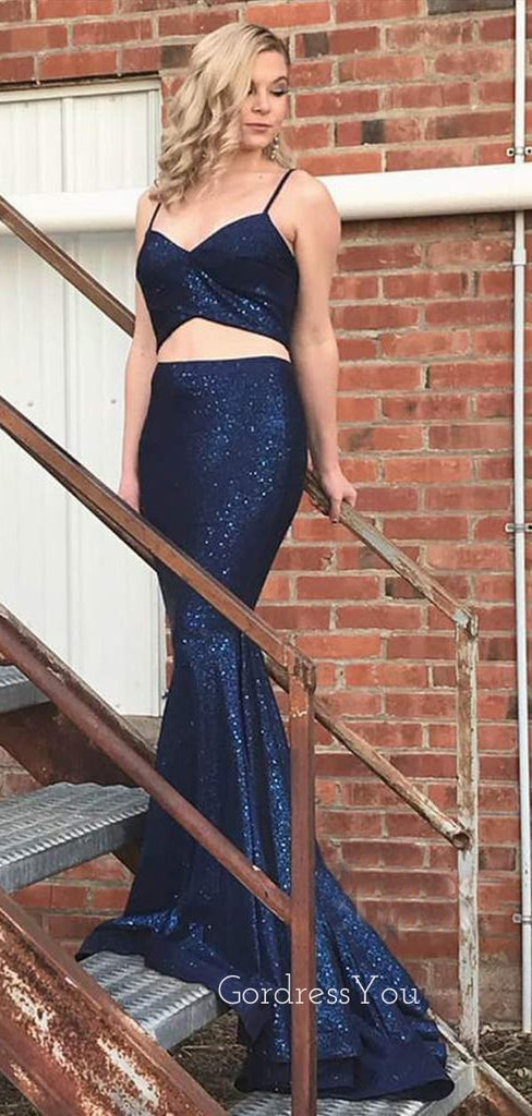 Two Pieces Dark Blue Sparkly Mermaid Long Evening Prom Dresses, Cheap Custom Prom Dress, MR7379