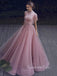 Dusty Pink Tulle Beaded A-Line Long Evening Prom Dresses, MR7381