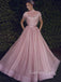 Dusty Pink Tulle Beaded A-Line Long Evening Prom Dresses, MR7381