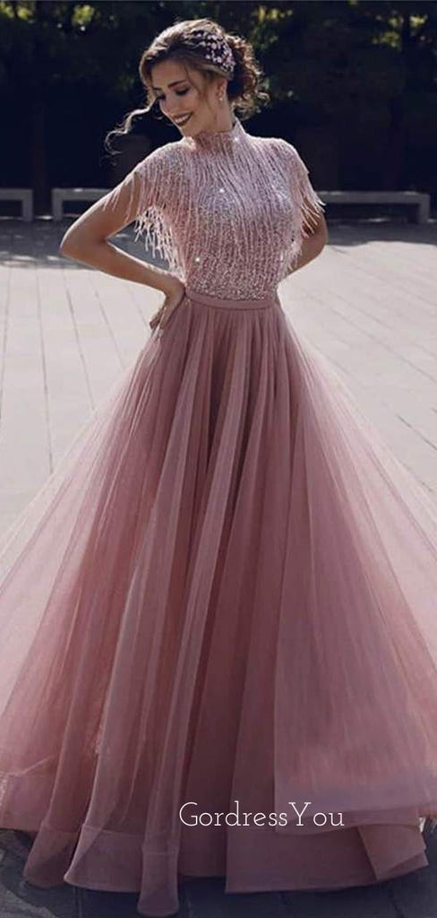 Dusty Pink Tulle Beaded A-Line Long Evening Prom Dresses, MR7381