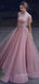 Dusty Pink Tulle Beaded A-Line Long Evening Prom Dresses, MR7381