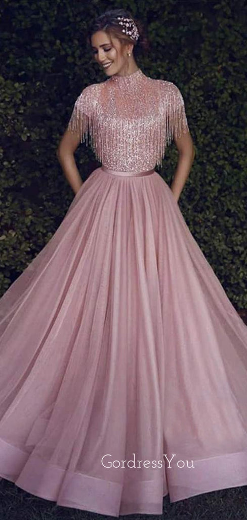 Dusty Pink Tulle Beaded A-Line Long Evening Prom Dresses, MR7381