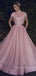 Dusty Pink Tulle Beaded A-Line Long Evening Prom Dresses, MR7381