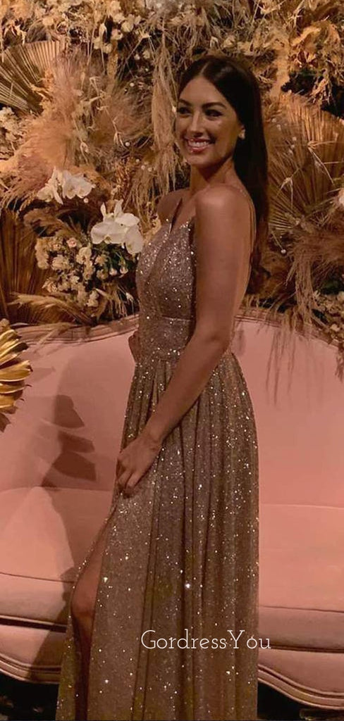 Golden Sequin A-Line Side Slit Backless Long Evening Prom Dresses, Cheap Custom Prom Dresses, MR7382