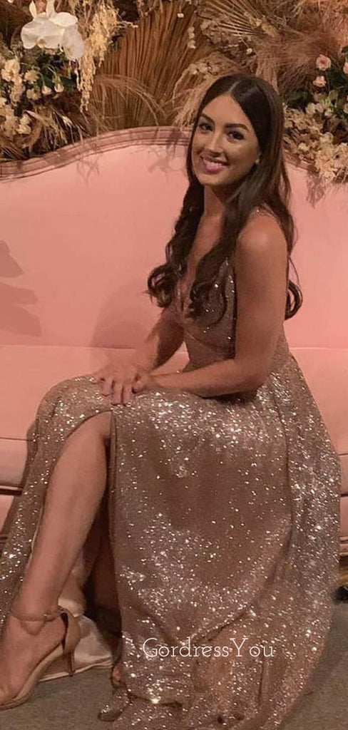 Golden Sequin A-Line Side Slit Backless Long Evening Prom Dresses, Cheap Custom Prom Dresses, MR7382