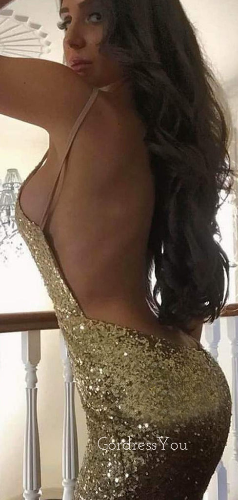 Sexy Gold Sequin Mermaid Spaghetti Straps Long Evening Prom Dresses, Cheap Custom Prom Dresses, MR7384