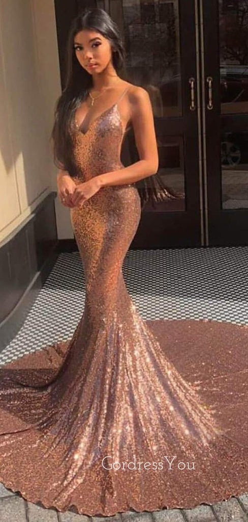 Sexy Gold Sequin Mermaid Spaghetti Straps Long Evening Prom Dresses, Cheap Custom Prom Dresses, MR7384