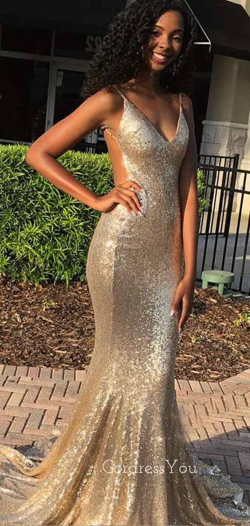 Sexy Gold Sequin Mermaid Spaghetti Straps Long Evening Prom Dresses, Cheap Custom Prom Dresses, MR7384