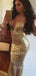 Sexy Gold Sequin Mermaid Spaghetti Straps Long Evening Prom Dresses, Cheap Custom Prom Dresses, MR7384