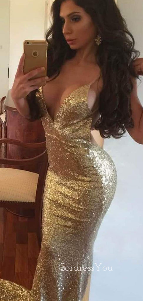 Sexy Gold Sequin Mermaid Spaghetti Straps Long Evening Prom Dresses, Cheap Custom Prom Dresses, MR7384