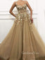 Beaded Straps Tulle A-Line Spaghetti Straps Lace Long Evening Prom Dresses, MR7385