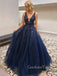 See Throuth V Neck Navy Blue Lace A-line Long Evening Prom Dresses, Cheap Custom V Neck Prom Dress, MR7386