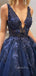 See Throuth V Neck Navy Blue Lace A-line Long Evening Prom Dresses, Cheap Custom V Neck Prom Dress, MR7386