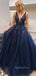 See Throuth V Neck Navy Blue Lace A-line Long Evening Prom Dresses, Cheap Custom V Neck Prom Dress, MR7386