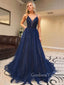 Deep V Neck Navy Blue Lace Beaded A-line Long Evening Prom Dresses, Cheap Custom V Neck Prom Dress, MR7387