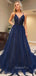 Deep V Neck Navy Blue Lace Beaded A-line Long Evening Prom Dresses, Cheap Custom V Neck Prom Dress, MR7387