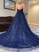 Deep V Neck Navy Blue Lace Beaded A-line Long Evening Prom Dresses, Cheap Custom V Neck Prom Dress, MR7387