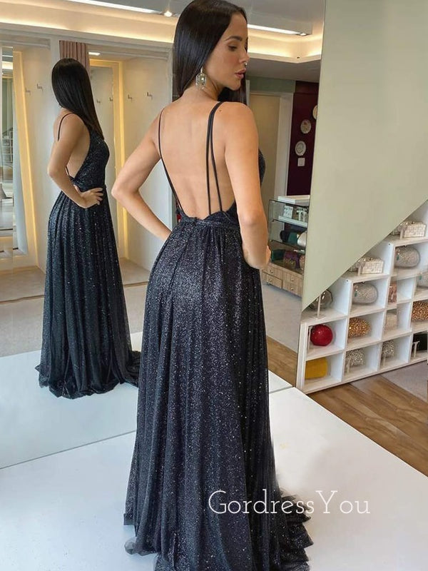 Black V Neck A-Line Sparkle Backless Backless Long Evening Prom Dresses, Cheap Custom Prom Dress, MR7388